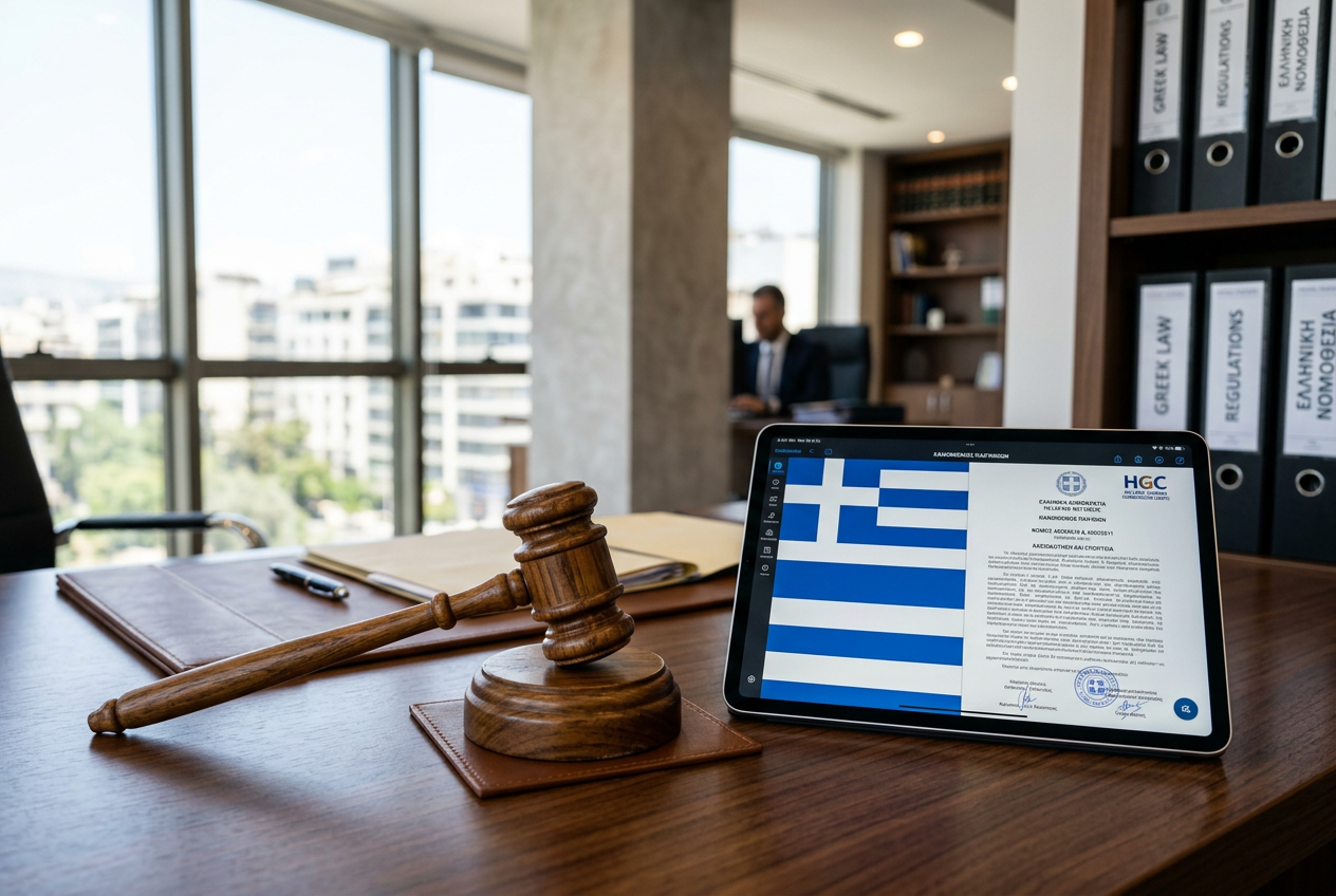 A concept image of Greek law and digital gambling regulation