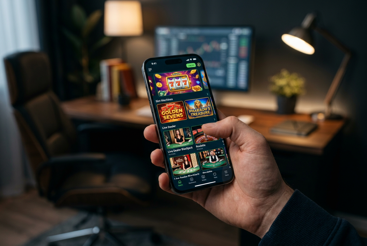 A high-tech digital casino interface on a smartphone screen
