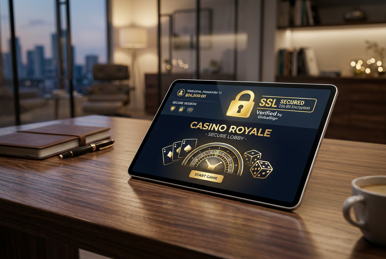 A digital tablet displaying security certifications and casino icons.