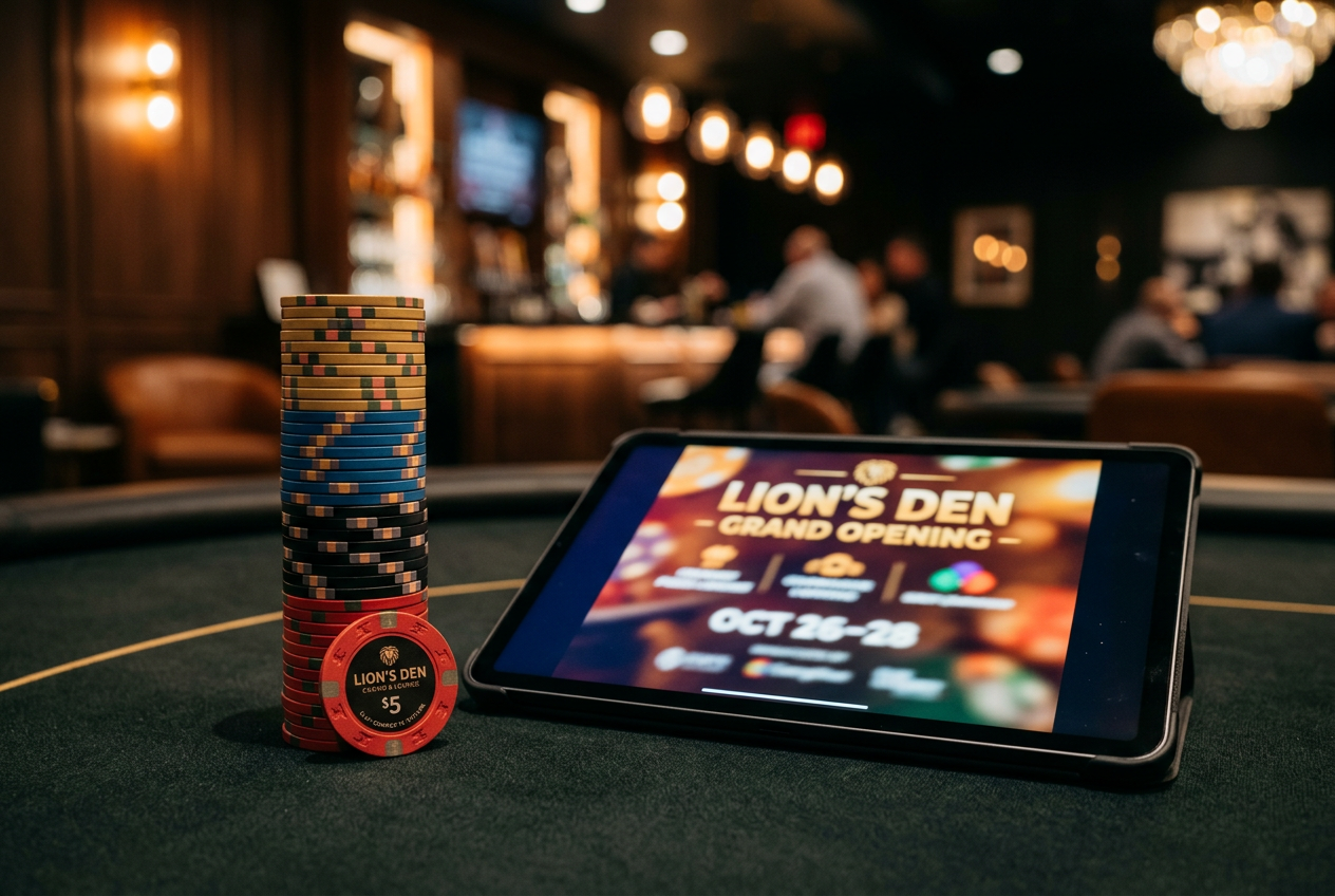 Luxury casino chips next to a digital tablet