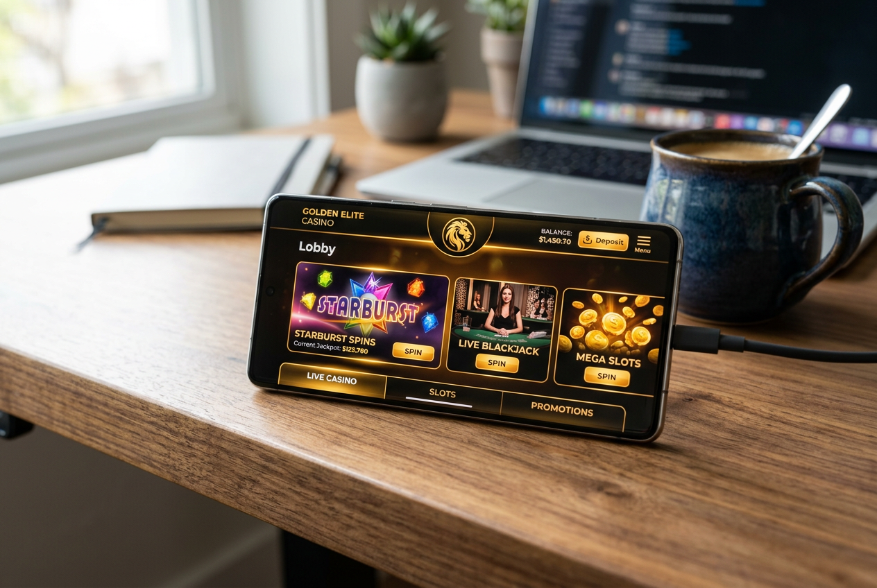 A modern smartphone displaying a casino interface on a wooden desk.