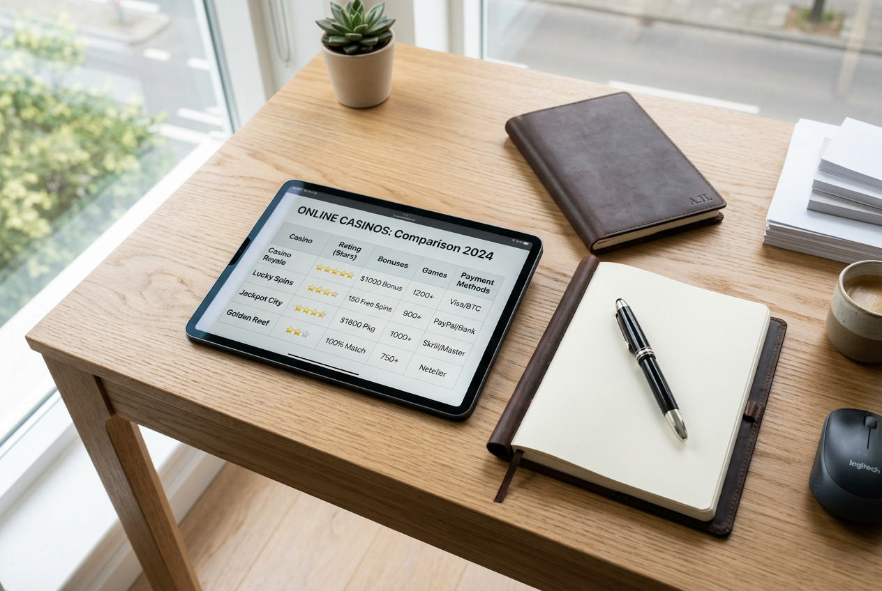 A minimalist workspace with a tablet showing casino comparisons