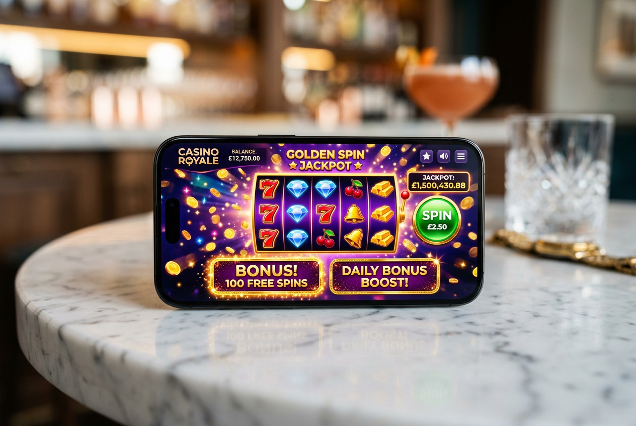 Modern smartphone displaying a casino interface with bonus banners