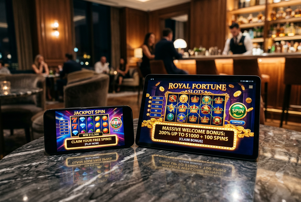 High-end mobile devices displaying vibrant casino games and bonus offers in a premium setting.