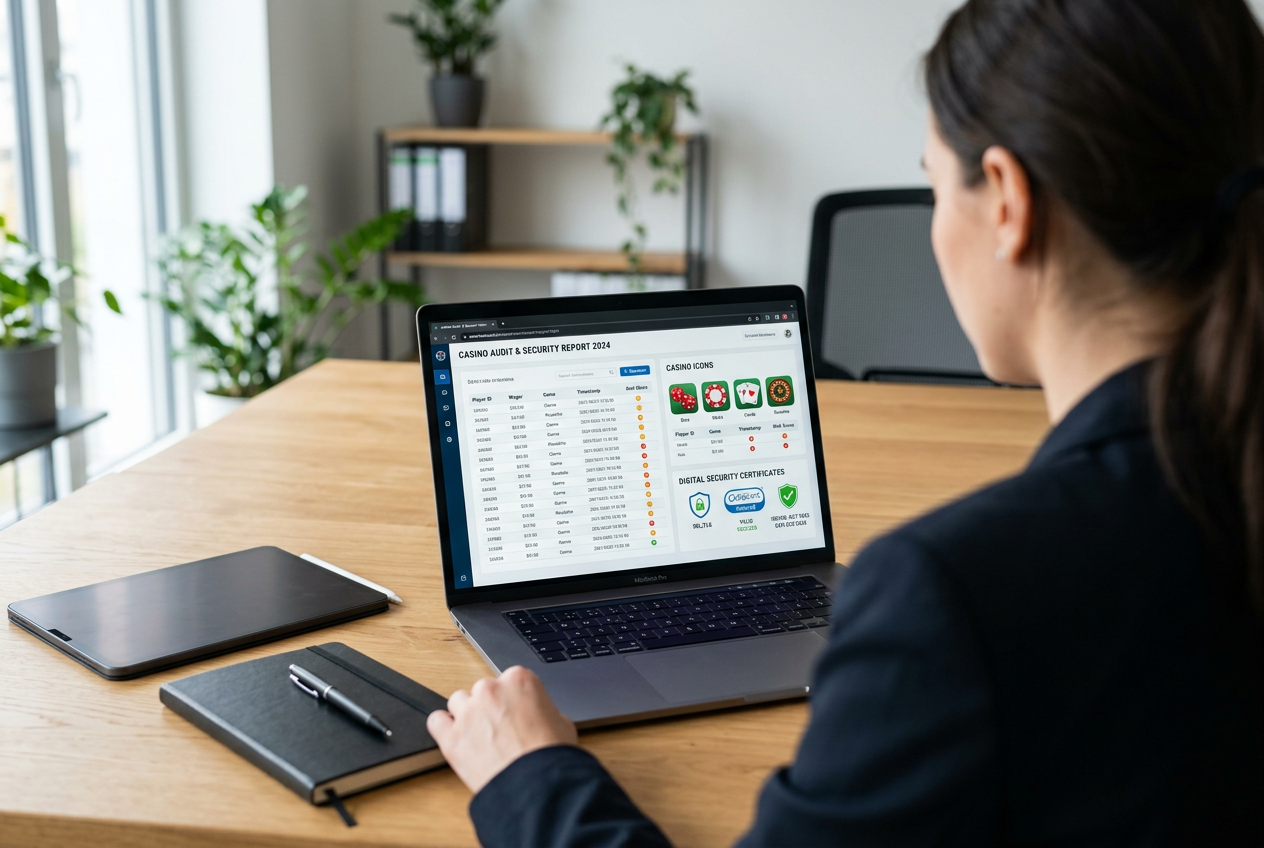 A professional reviewer analyzing online casino data and security features on a laptop.