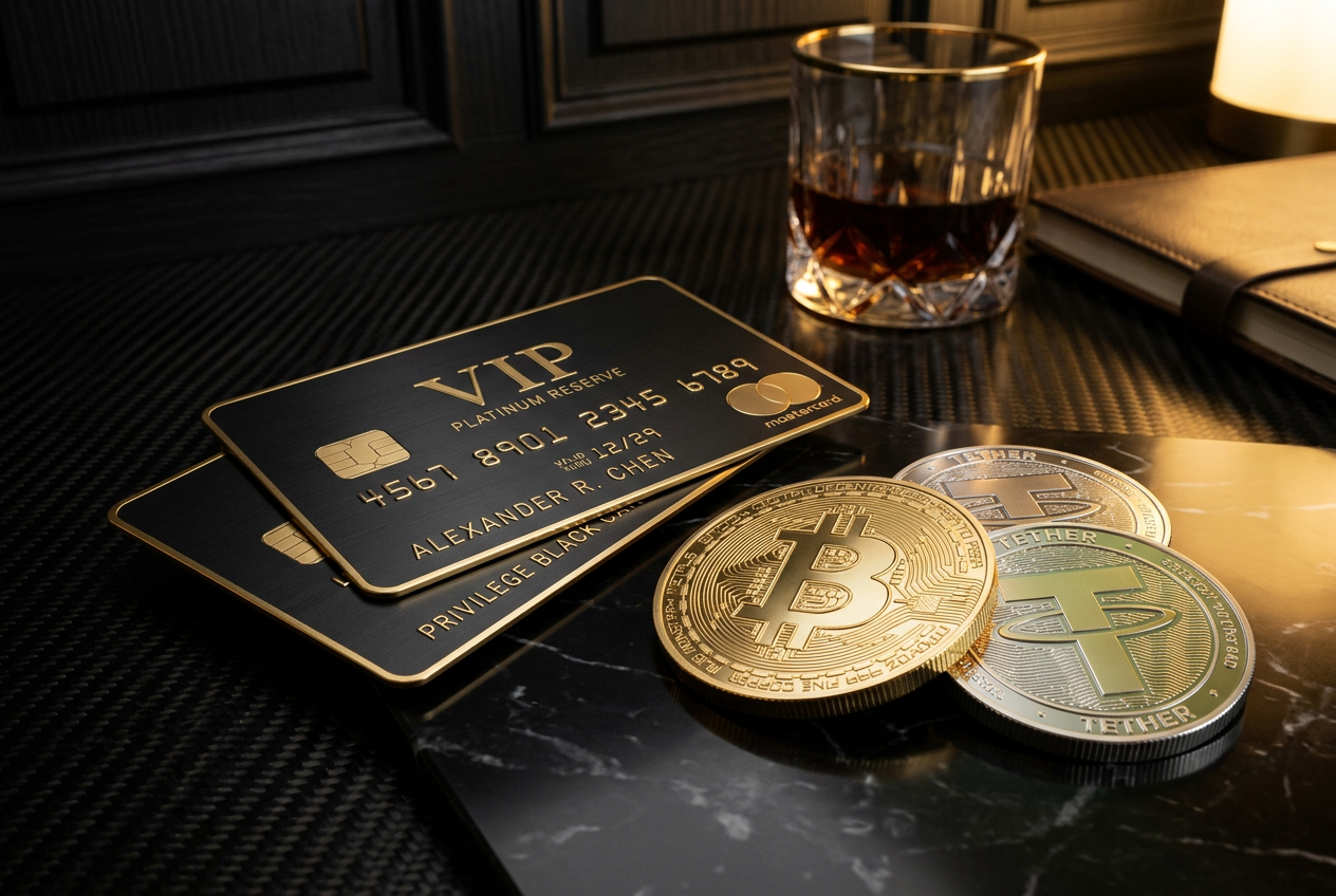 VIP Payment Cards and Cryptocurrency Icons representing luxury high limit transactions